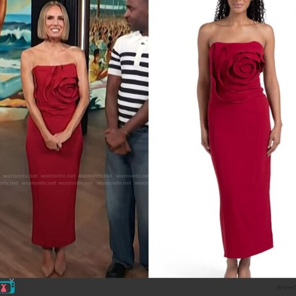 Dalia Macphee Red Strapless 3d Floral Midi Gown - Picture 3 of 3